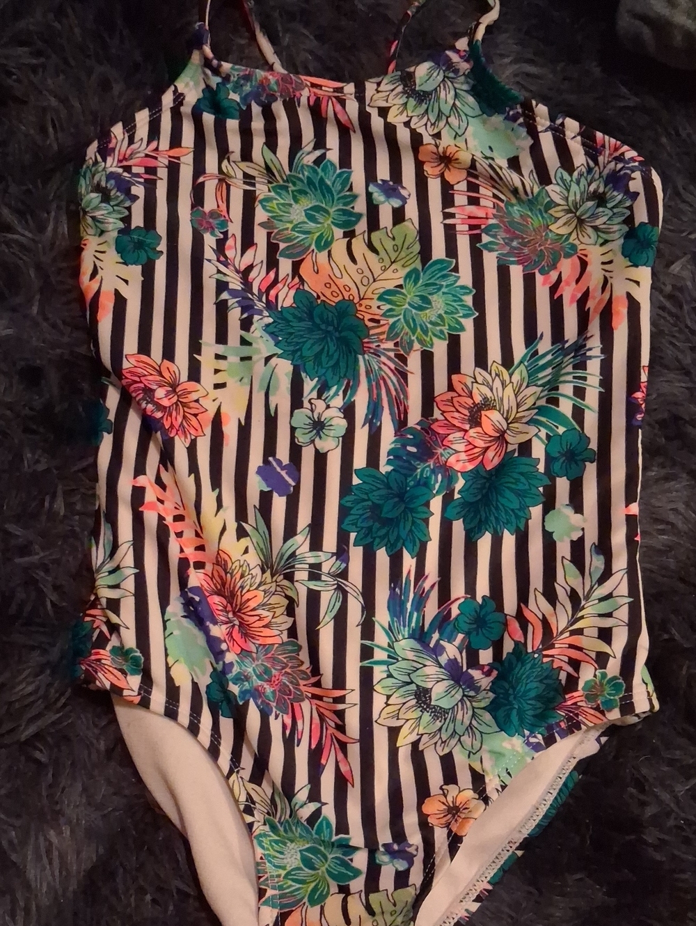 Girls Black & White with Teal Floral swimsuit with intricate braided back